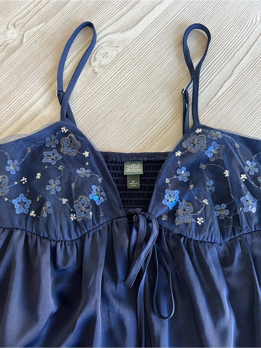 Navy Embroidered Satin Chemise with Adjustable Spaghetti Straps - Picture 3 of 9
